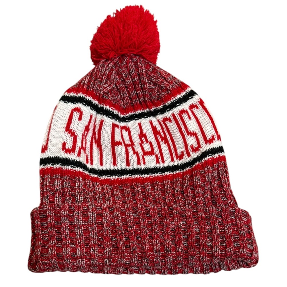 San Francisco Knit Beanie Hat Pom Pom Red White Fleece Lined Winter Cap